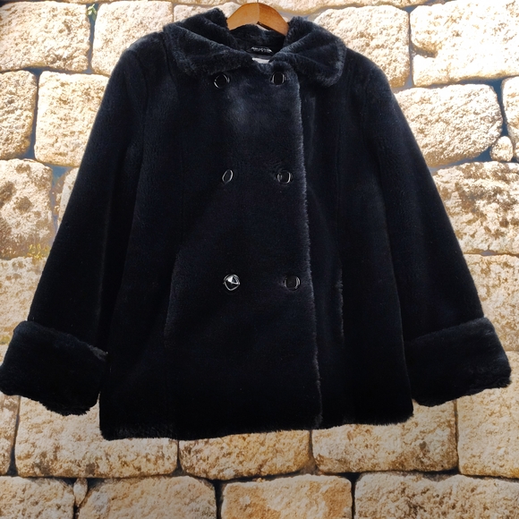 Bernardo Black Faux Fur Double Breasted Jacket Women's Size Large - Picture 10 of 16